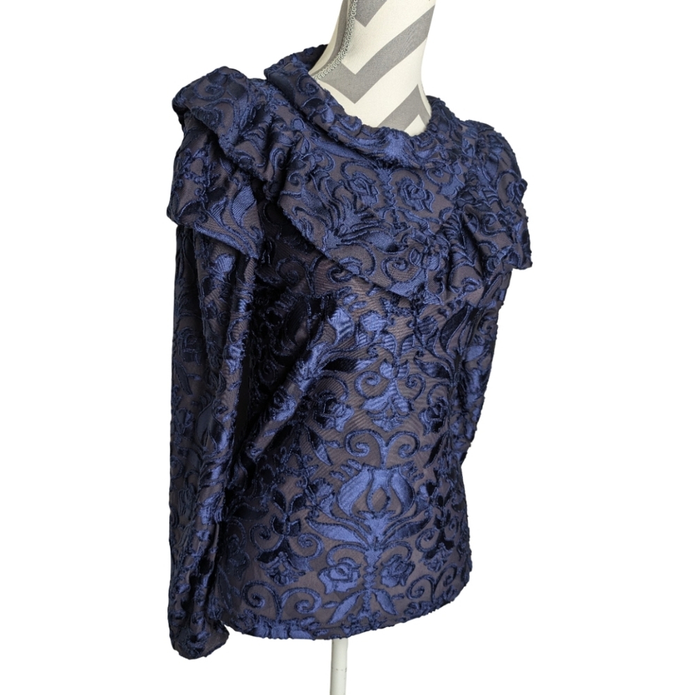 Luminary Women's Top Small Elegant Blue Velvet Victorian Jacquard Long Sleeve - Picture 6 of 10